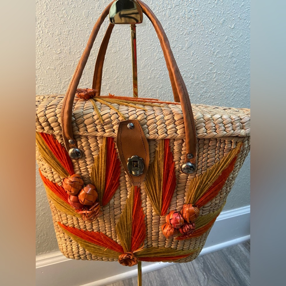 Vintage Woven Wicker Rattan Straw Satchel Handbag Tot… Gem